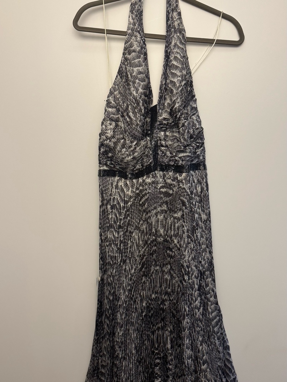 Carmen Marc Valvo Black & White Halter Maxi Dress with Subtle Print